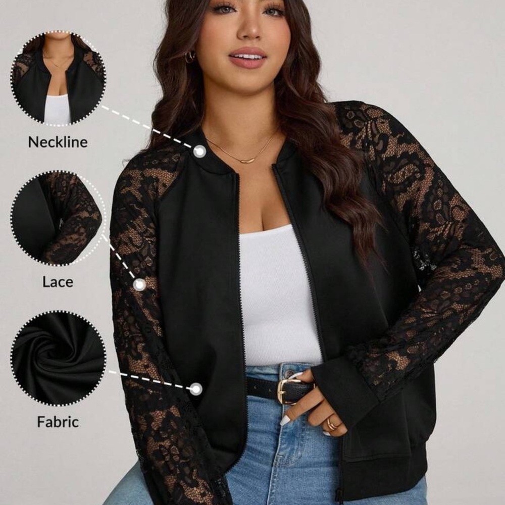 SHEIN Black Lace Sleeve Bomber Jacket